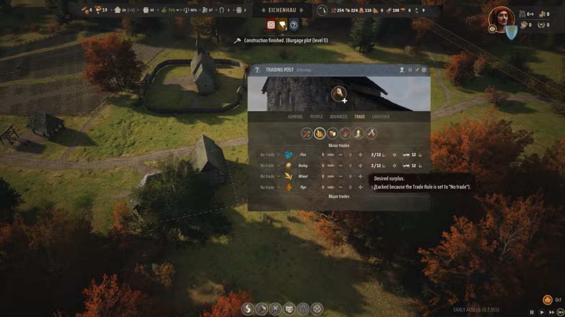 Manor Lords Trade: Game view of a medieval village with a trade window showing various goods and their quantities.