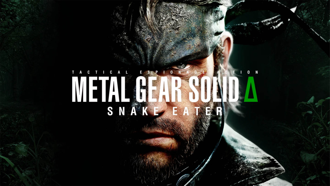 Key Art für „Metal Gear Solid: Delta – Snake Eater“ mit einer Figur, die teilweise von Laub verdeckt ist, und einem grünen Dreieckslogo.