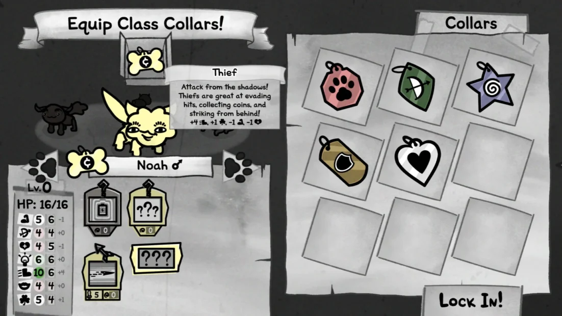 Schwarz-weiße Spielmenüansicht mit einer gezeichneten Figur namens Noah, die eine Diebesklasse mit verschiedenen Attributen und sechs Collars zeigt.