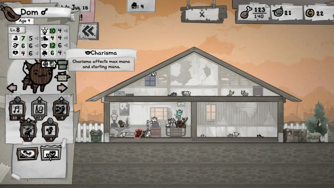 Spielszene mit einem zweistöckigen Haus in Seitenansicht, mehreren kleinen Figuren im Inneren und einem Menü mit Charakterwerten und Icons links