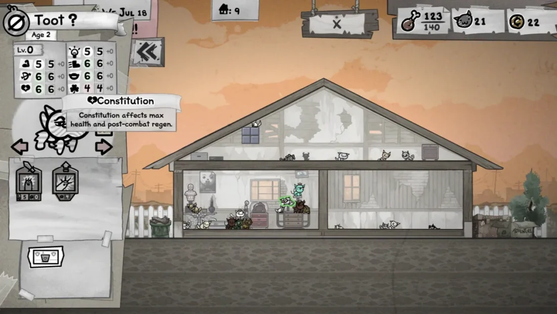 Spielbildschirm mit einem zweistöckigen Haus, mehreren Katzen und einem Popup-Fenster mit dem Text 'Constitution affects max health and post-combat regen'