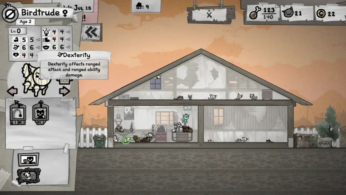 Seitenansicht eines zweistöckigen Hauses mit mehreren kleinen Figuren darin und einem Menü mit Charakterinformationen links im Bild.