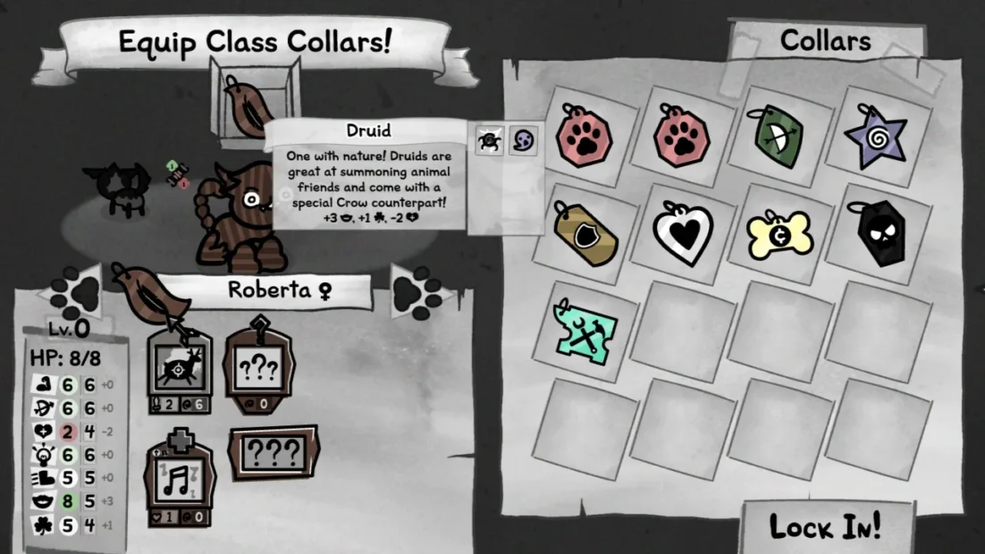 Spielbildschirm mit der Klasse "Druide" und einer Ausrüstungsübersicht für Halsbänder, darunter verschiedene Symbole und Werte für die Spielfigur Roberta.