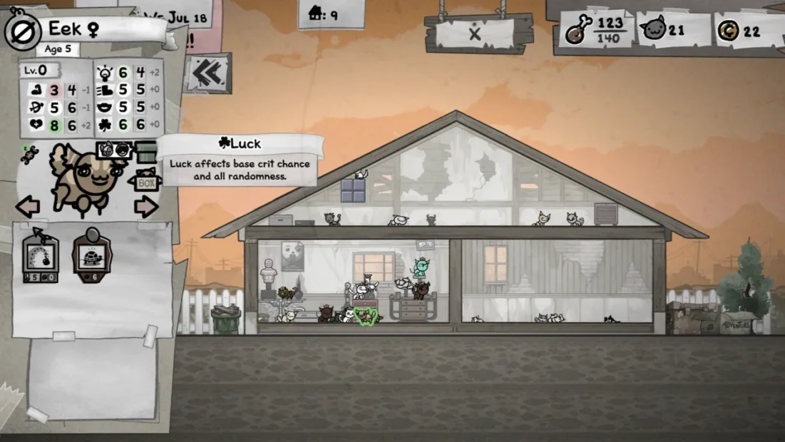Spielbildschirm mit einem Haus, mehreren Katzen und einem Fenster mit Informationen zu einer Katze namens Eek, die das Attribut "Luck" mit Beschreibung zeigt.
