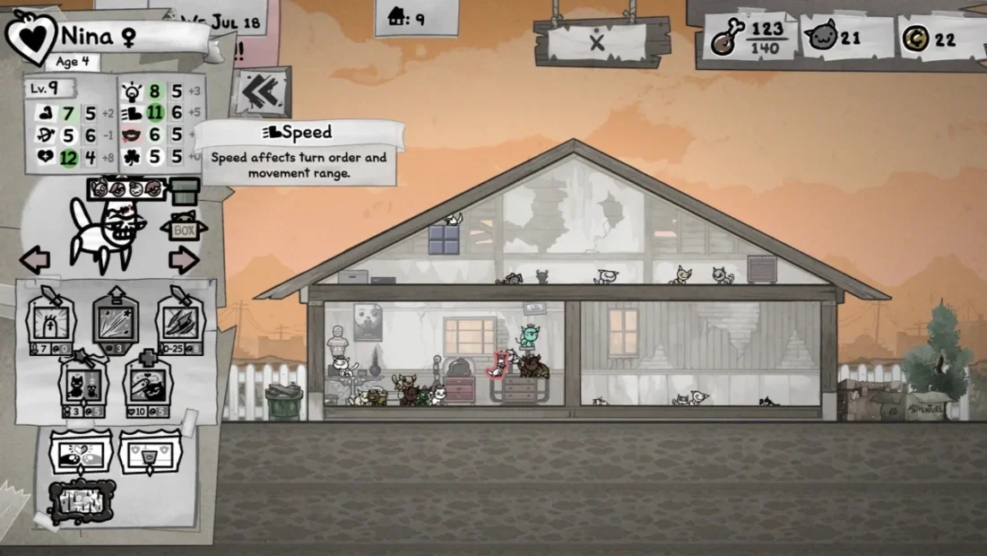 Seitliche Ansicht eines zweistöckigen Hauses mit mehreren Katzen und einer Benutzeroberfläche links mit Charakterdaten und Attributen.