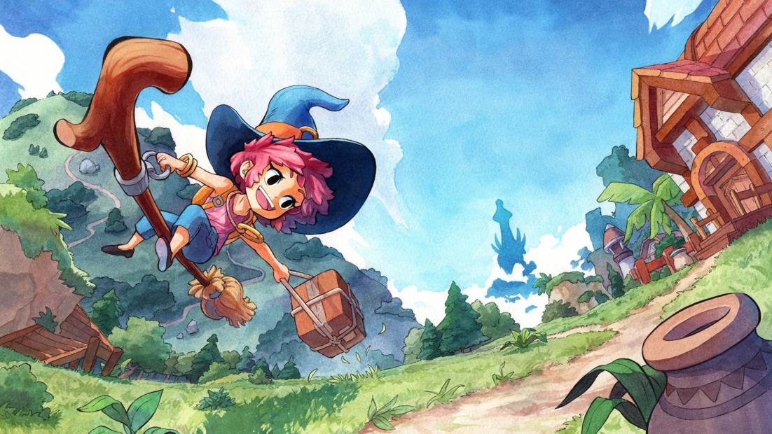 Mika, eine junge Hexe mit pinkfarbenen Haaren und einem großen blauen Hut, fliegt auf einem Besenstiel über eine grüne Landschaft mit einem Holzhaus und Bergen im Hintergrund, aus dem Spiel „Mika And The Witch's Mountain“.