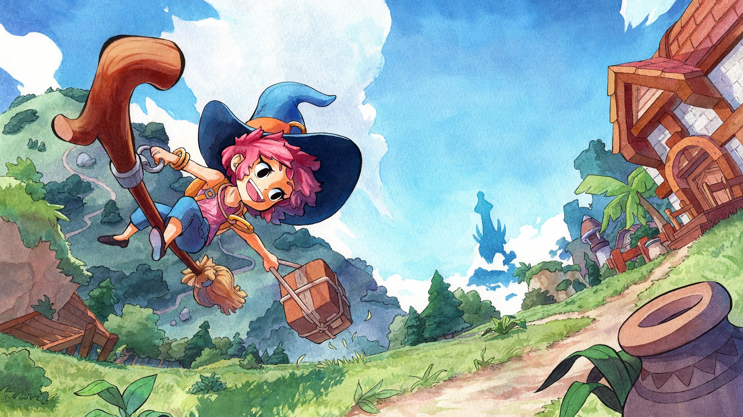 Mika, eine junge Hexe mit rosa Haaren und einem großen blauen Hut, fliegt auf einem Besen über eine grüne Landschaft mit einem Holzhaus und Bergen im Hintergrund, aus dem Spiel „Mika and the Witch's Mountain“