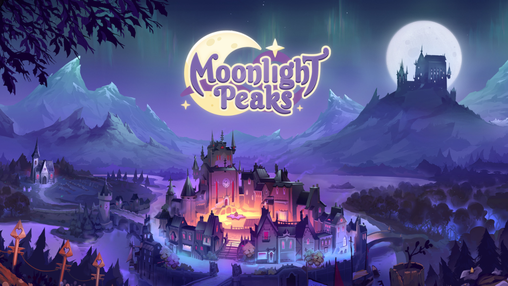 Mountain landscape at night with illuminated village, castle on a hill, full moon in the background, and the text 'Moonlight Peaks' above