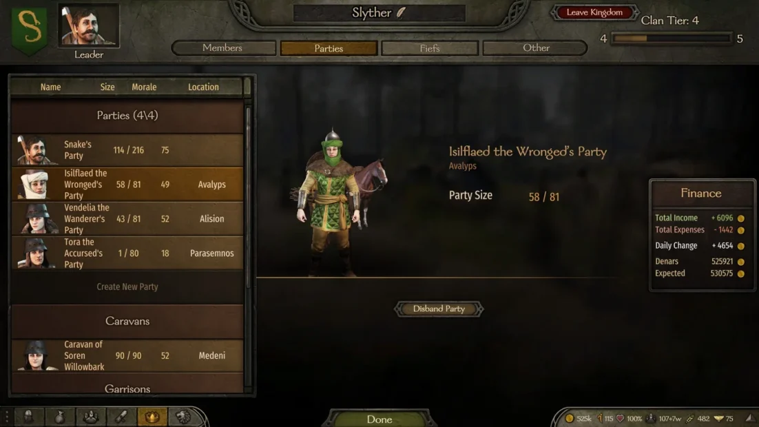 Bannerlord Companions: Game character in medieval armor with helmet and shield, surrounded by user interface showing party list and finance overview.