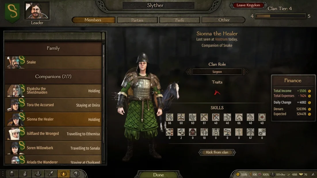 Game character in green armor holding sword and shield, surrounded by clan members and an interface showing roles, traits, and finances.