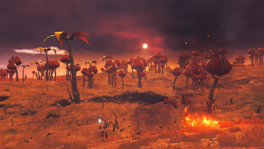No Man's Sky Phosphor Vorkommen: Sengend heiße Planeten. Eine Landschaft mit hohen, schlanken Pflanzen mit roten Blüten und einem orangefarbenen Himmel. Im Hintergrund sind weitere Pflanzen und ein Sonnenuntergang zu sehen.