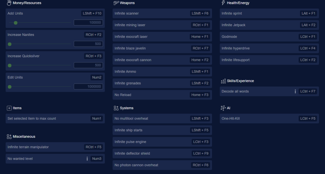 No Man's Sky mods: User interface of a trainer showing categories for money/resources, weapons, health/energy, items, systems, skills/experience, and AI with various cheats and hotkey combinations
