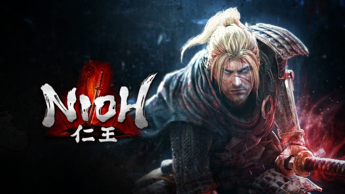 Kämpfer mit blonden Haaren und Rüstung hält ein Schwert, daneben der Schriftzug 'Nioh' mit japanischen Schriftzeichen auf dunklem Hintergrund
