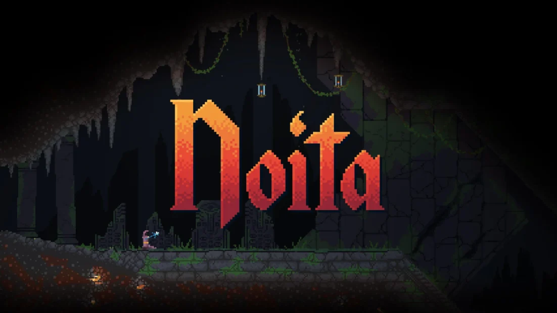 Pixelkunstszene einer dunklen unterirdischen Höhle mit Steinplattformen und Stalaktiten, mit dem großen orange-roten Schriftzug „Noita” und einem kleinen Zauberer, der einen Zauber wirkt.