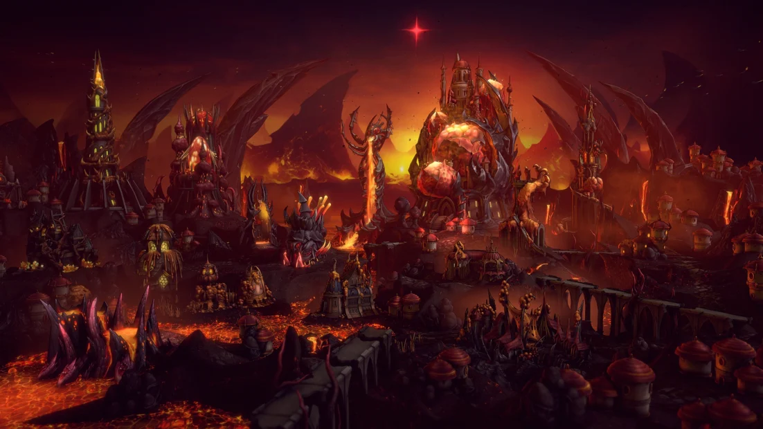 Dark volcanic landscape with bizarre, partly organic and partly architectural structures and glowing lava in the background