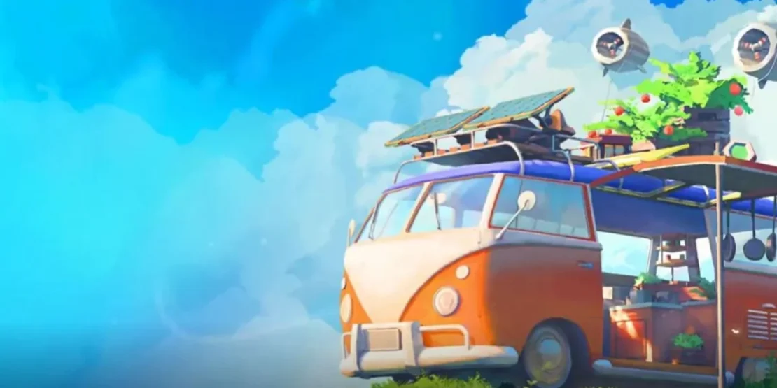 Orange VW bus with surfboard on roof against blue sky with clouds