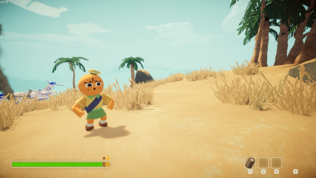 PEAK Mods und Cheats: Spielfigur mit grünem Gewand und Heiligenschein steht auf sandigem Boden mit Gras und Palmen im Hintergrund