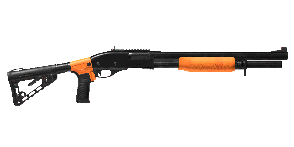 Ready or Not Best Weapons: Black shotgun with orange grip and fore-end, folding stock, and pistol grip, side view.