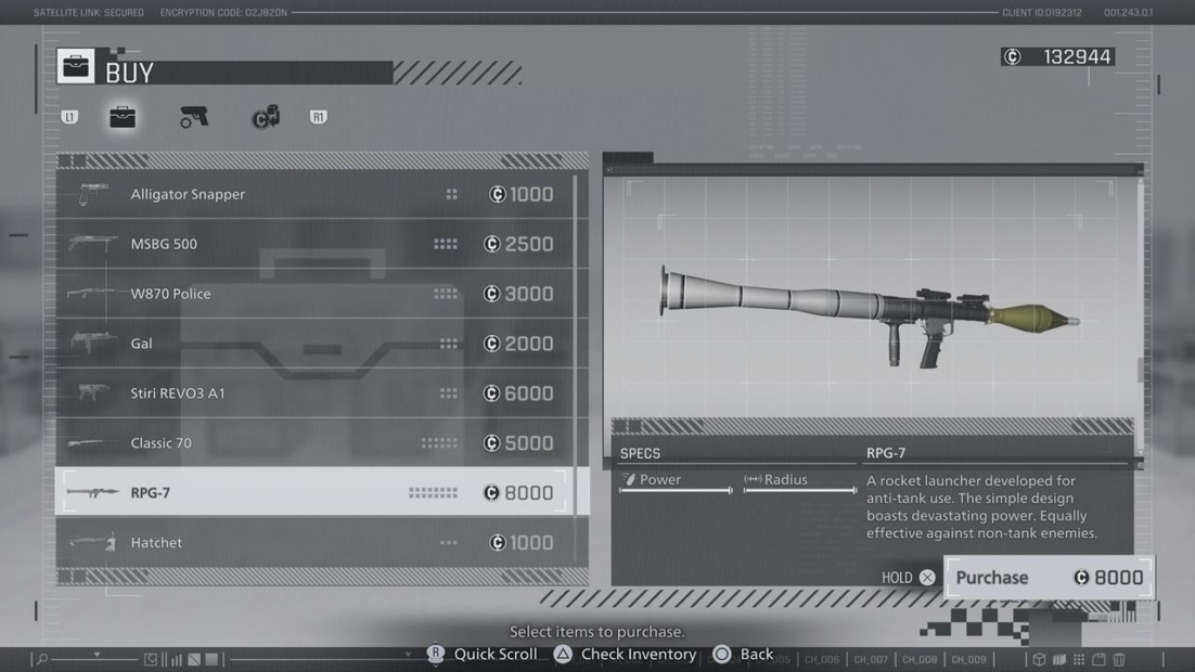 Game interface showing a list of weapons with an image of an RPG-7 rocket launcher on the right.