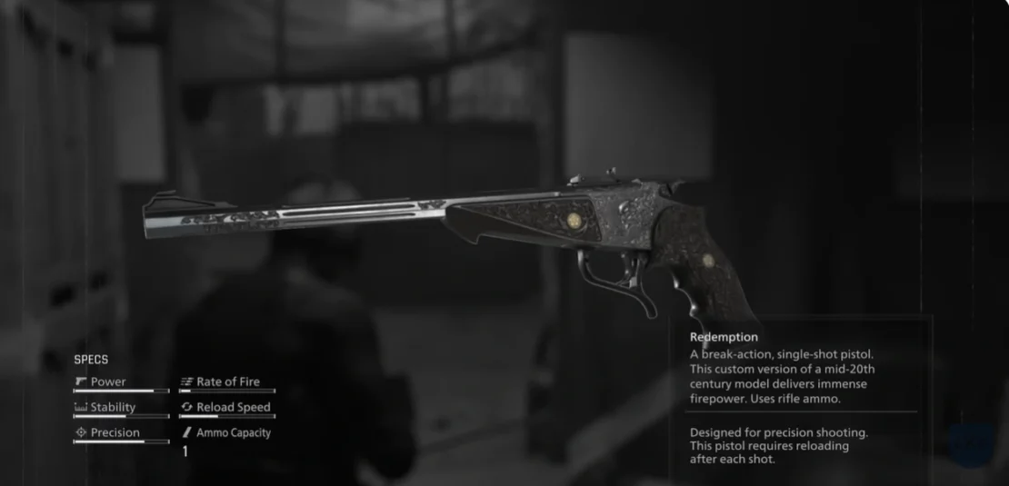 Black-and-white close-up of a single-shot pistol with technical specifications and description text to the right