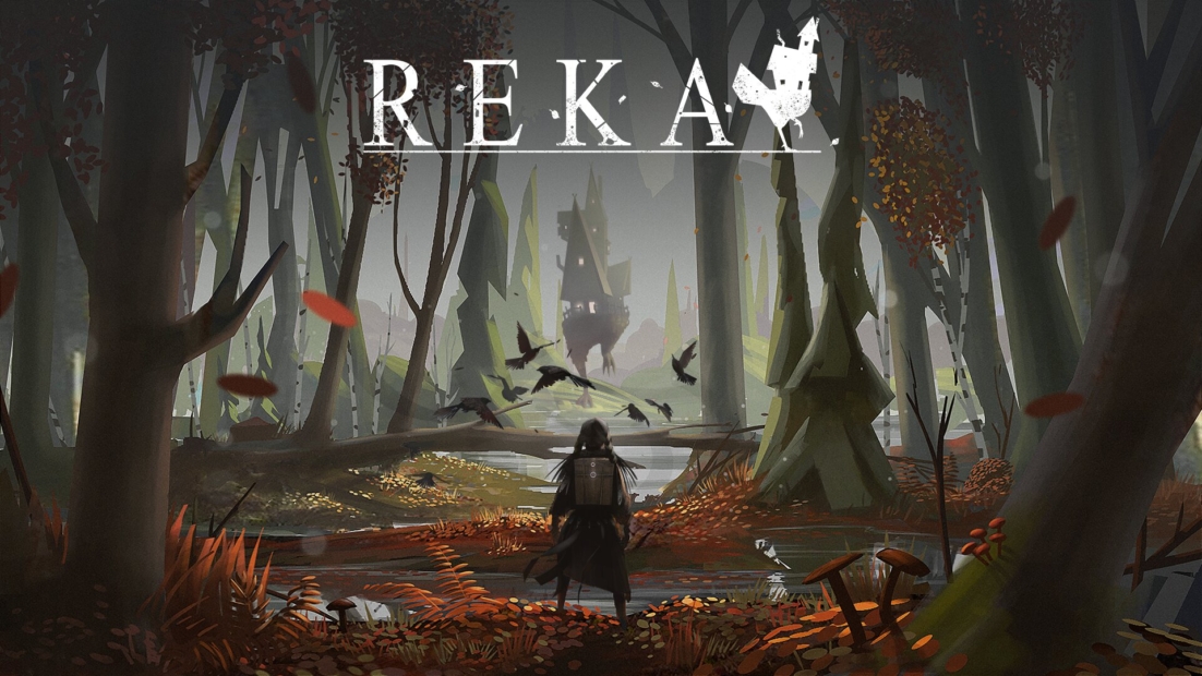 A dark forest scene with a figure in a cloak facing a body of water. Trees with autumn leaves surround the area, and crows fly overhead. The word 'REKA' is displayed at the top.