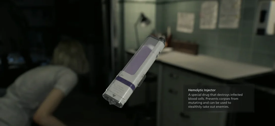 Close-up of a futuristic injector with a display and purple accents against a blurred background of a room with a person and desk