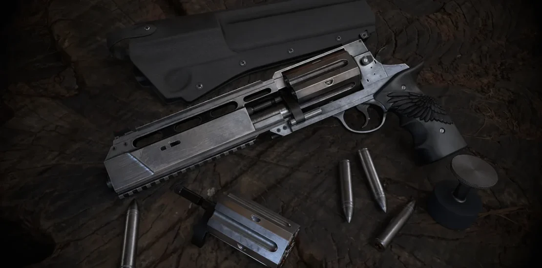 Close-up of a revolver with an open cylinder lying on dark fabric next to bullets and a magazine