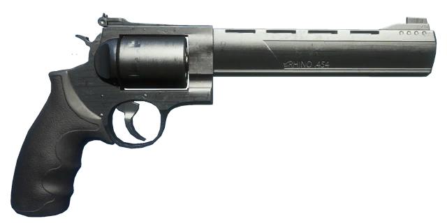 Revolver mit schwarzem Griff und silbernem Lauf, Seitenansicht, Modellnummer 'No 454' am Lauf sichtbar.