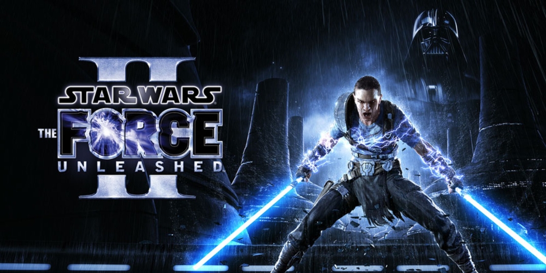 Figure in a combat pose holding two glowing lightsabers in front of a dark cityscape with Darth Vader's face in the background next to the logo 'Star Wars The Force Unleashed II'