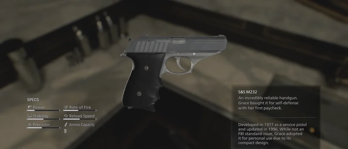 Semi-automatic pistol with black grip and gray slide lying on dark surface next to text with model and specifications.