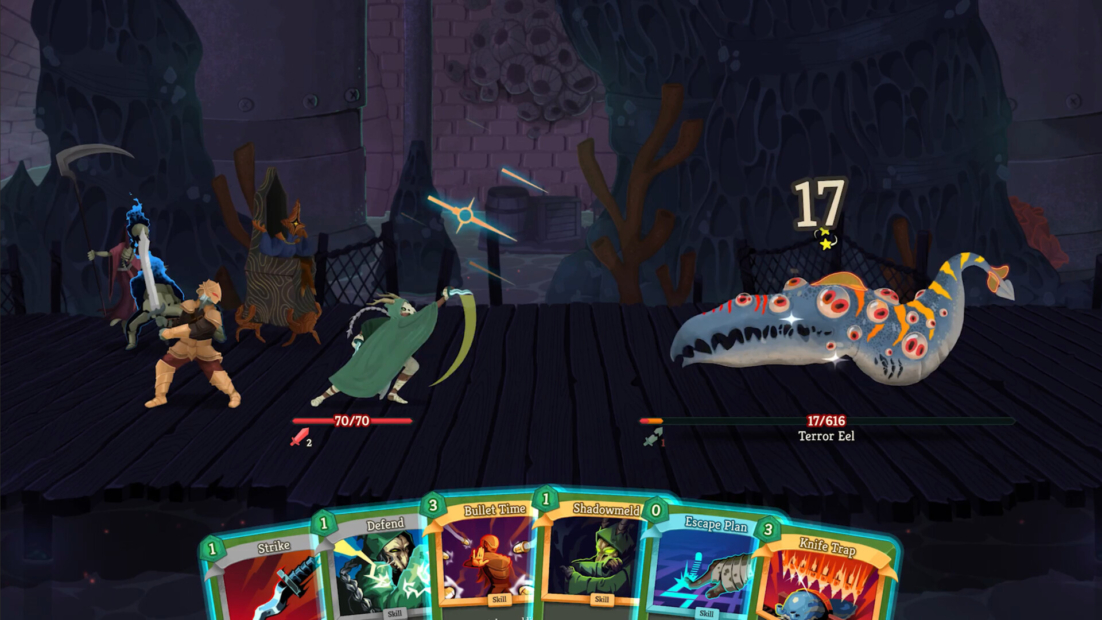 Slay the Spire 2 Tipps. Kampf gegen einen großen, mit Augen bedeckten Aal namens Terror Aal in einem dunklen, unterirdischen Höhlenumfeld mit fünf sichtbaren Aktionskarten im Vordergrund.
