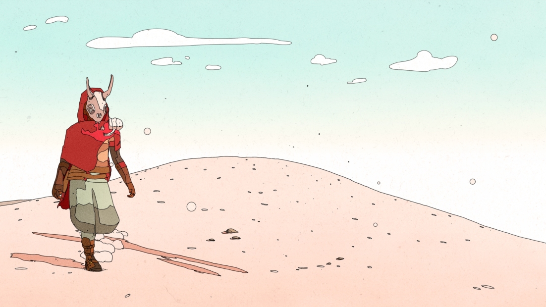 Eine Figur mit einem roten Umhang und einem weißen Tierkopf läuft auf einer sandigen Düne unter einem hellblauen Himmel mit wenigen Wolken.