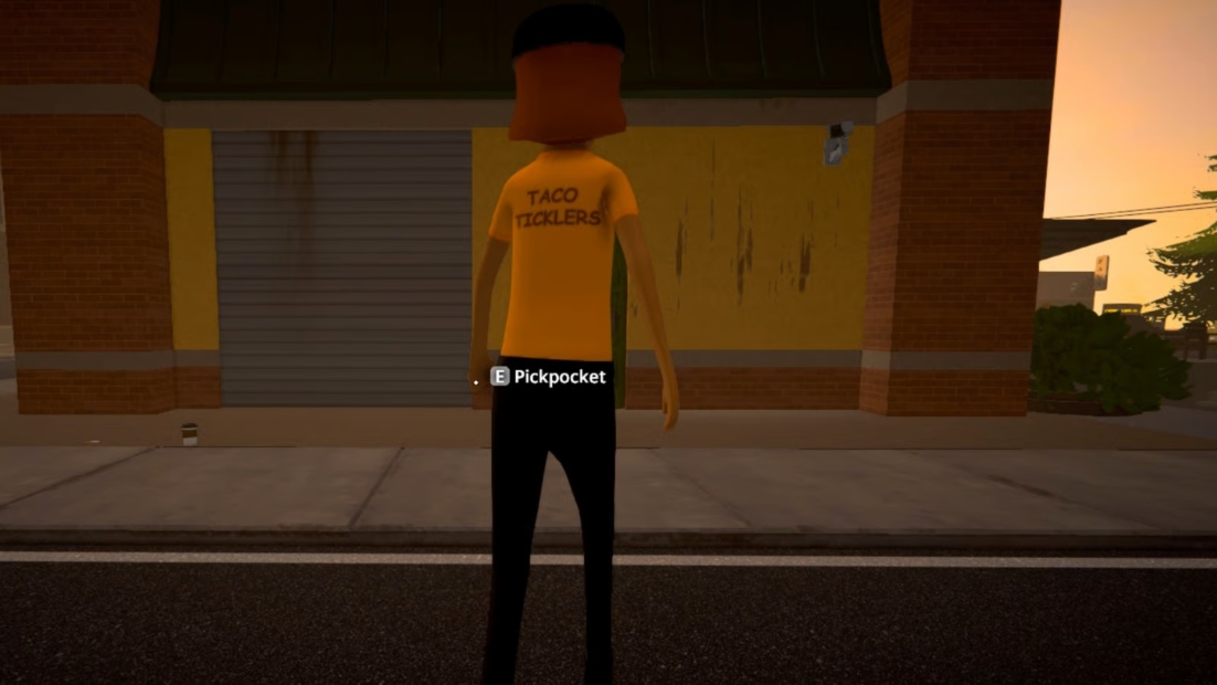 Schedule 1 tips: Pickpocketing. Character wearing a yellow 'Taco Ticklers' shirt standing on a sidewalk with a prompt to pickpocket in the game Schedule I