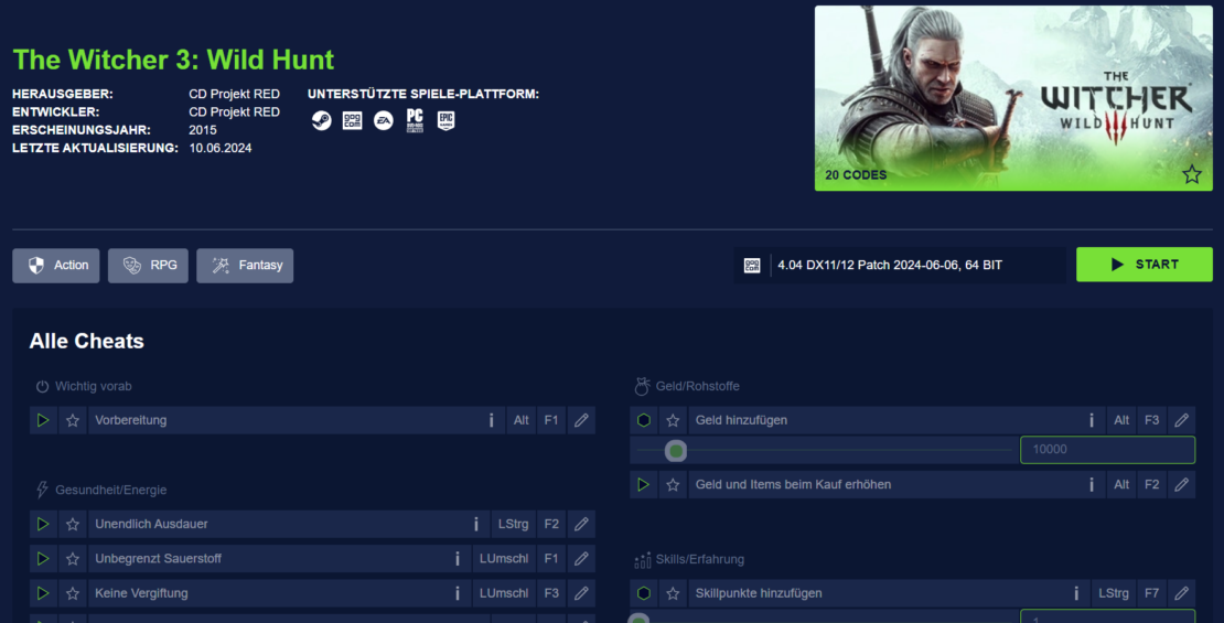 PLITCH Game Trainer-Interface für The Witcher 3: Wild Hunt mit Cheats wie unbegrenzte Ausdauer, unbegrenzter Sauerstoff und Geld hinzufügen, mit Spieldetails und Play-Button