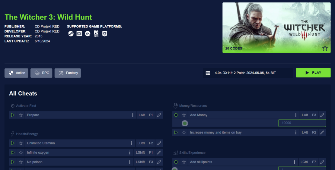 PLITCH game trainer interface for The Witcher 3: Wild Hunt showing cheats like unlimited stamina, infinite oxygen, and add money, with game details and play button