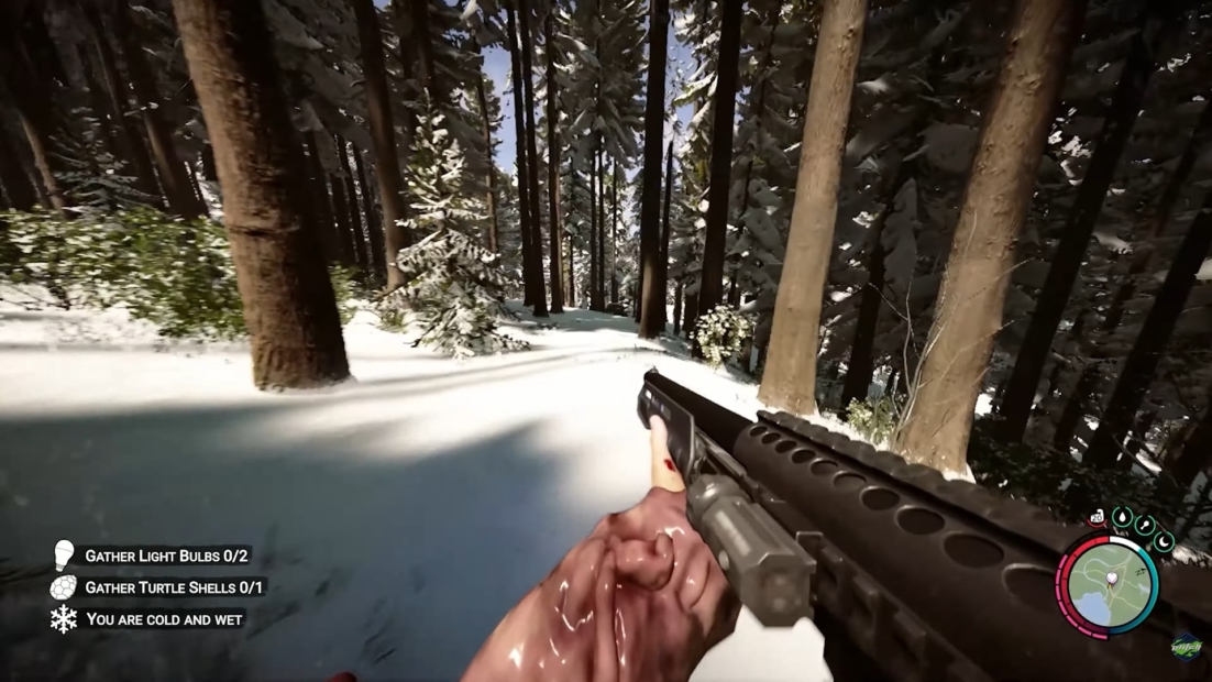 First-person view of a hand holding a shotgun in a snowy forest