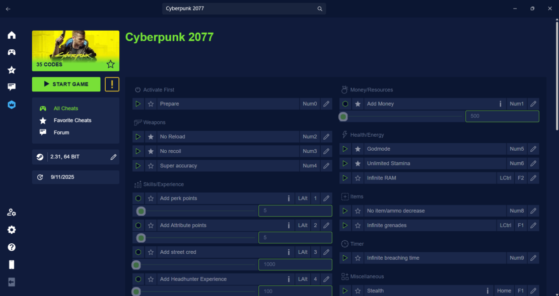 User interface of a cheat program for Cyberpunk 2077 showing various activatable cheats and settings in list form.