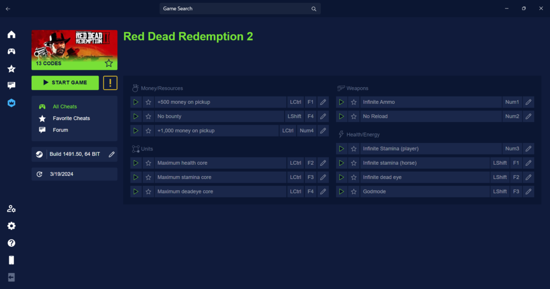 User interface of a cheat program for the game Red Dead Redemption 2 showing categories for money/resources, units, weapons, and health/energy with activatable cheats and key combinations.