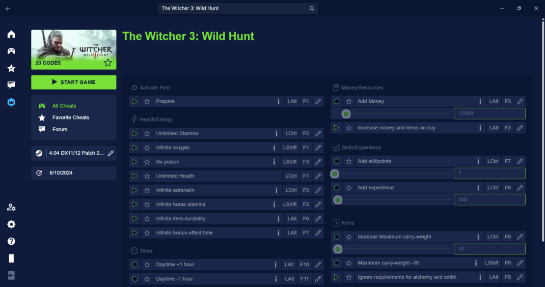 User interface of a cheat program for the game The Witcher 3: Wild Hunt showing activatable cheats and settings in list form.