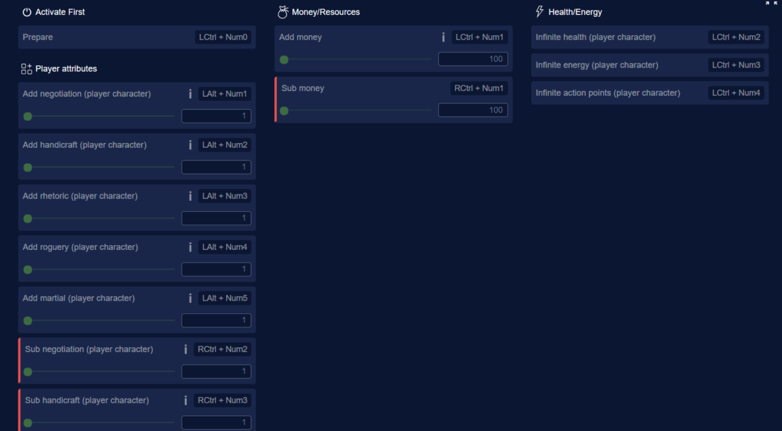 User interface with three sections for activating cheats in a game including player attributes, money/resources, and health/energy with input fields and key combinations.