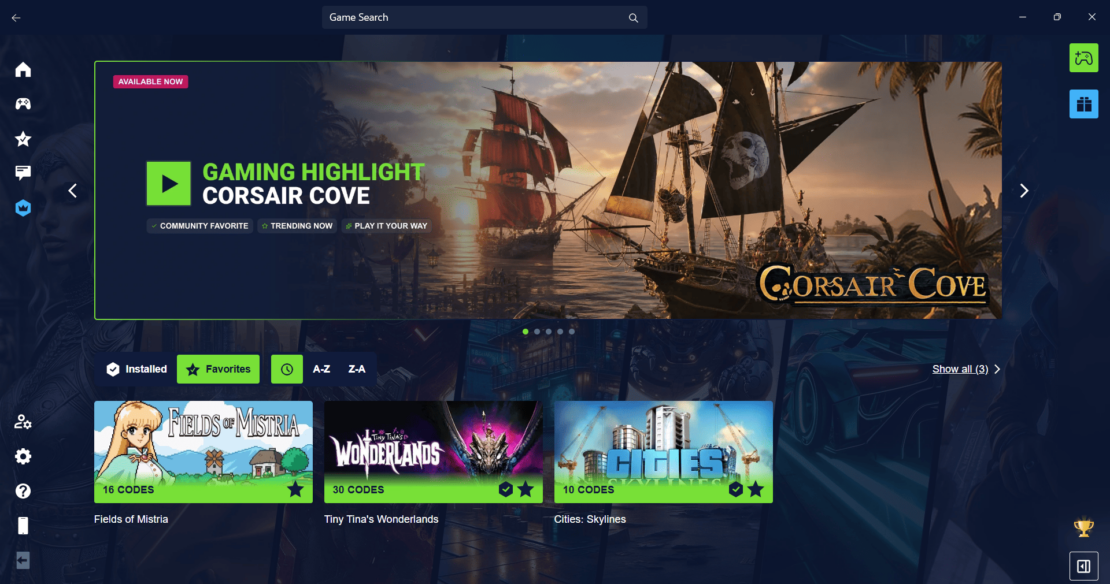 User interface of a gaming platform featuring highlighted advertisement for the game 'Corsair Cove' and a list of installed games with titles and codes.