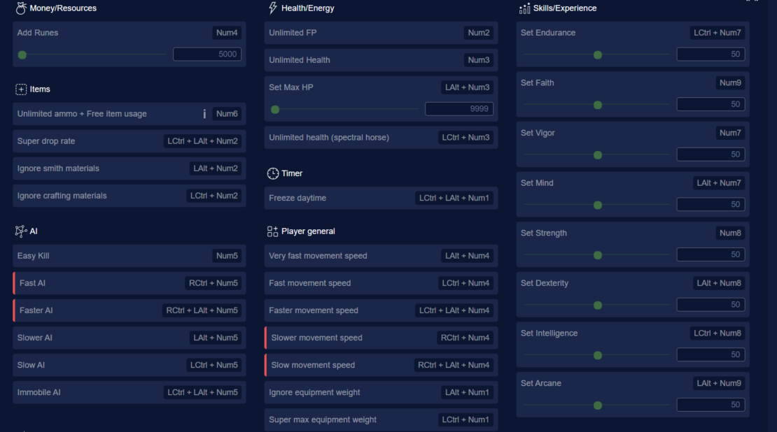 User interface showing various setting options for money/resources, health/energy, timer, player movement, and skills/experience in a game menu.