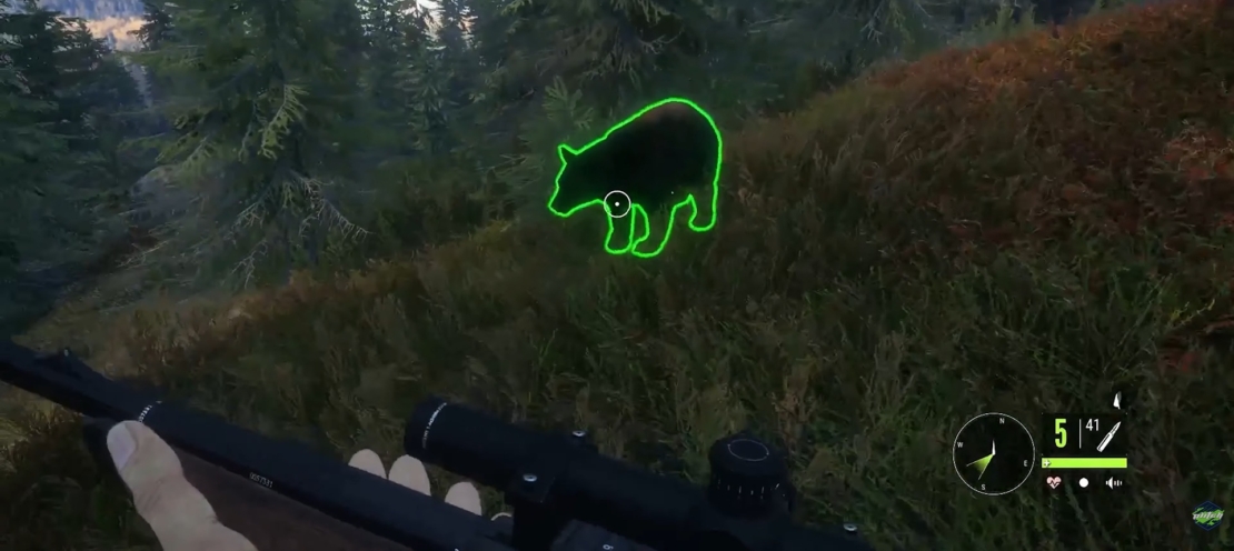 PLITCH Cheats für theHunter: View through a rifle scope showing a forest with a green outline of a bear on a hill.