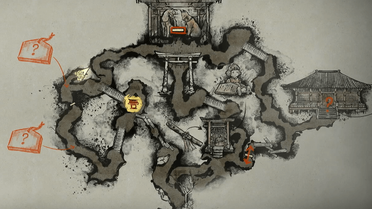 Map from the game SILENT HILL f showing multiple paths, stairs, and buildings with question marks and symbols at various locations.