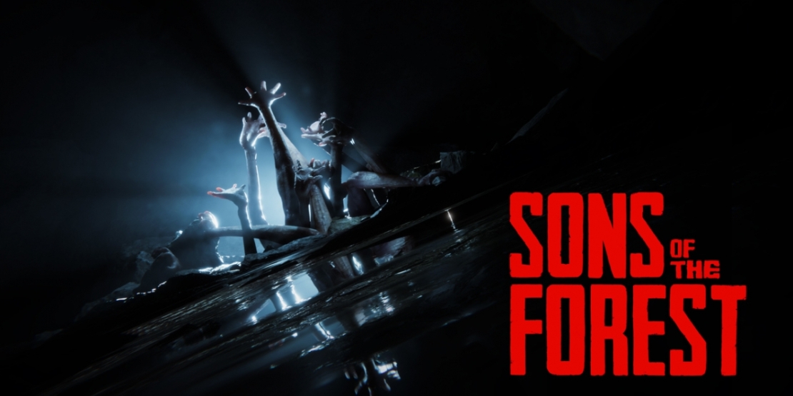 Several human figures with outstretched arms emerging from dark water, illuminated by blue light, next to red text 'SONS OF THE FOREST'.
