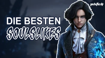 Porträt eines ernst blickenden Mannes mit schwarzem, gewelltem Haar und viktorianisch inspiriertem blauen Mantel vor dunklem Hintergrund mit dem Text 'THE BEST SOULSLIKES'