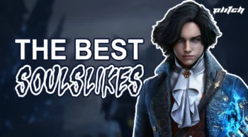 Portrait of a serious-looking man with black wavy hair wearing a Victorian-inspired blue coat against a dark background with the text 'THE BEST SOULSLIKES'