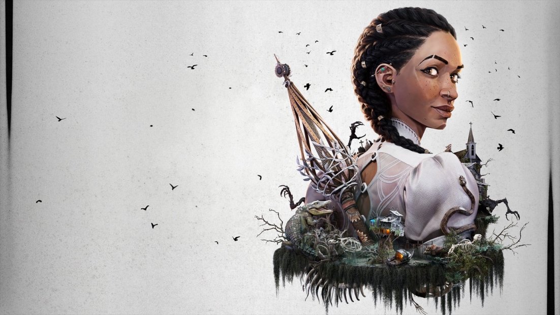 Frau mit geflochtenem Haar, trägt ein weißes Oberteil, auf ihrem Rücken ein komplexes, turmähnliches Gebilde mit Pflanzen, Tieren und Gebäuden, umgeben von fliegenden Vögeln.