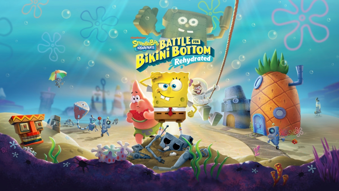 SpongeBob stands with Patrick, Squidward, and Mr. Krabs in an underwater scene with a pineapple house and rusty robot in the background