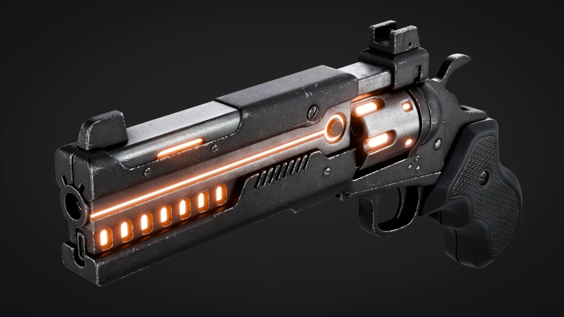 StarRupture Waffen: Schwarze futuristische Pistole mit orange leuchtenden Elementen und Griff mit Struktur.